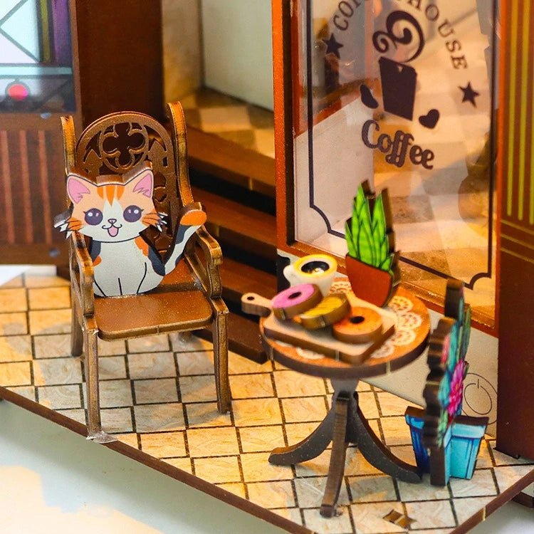 Cat Cafe DIY Book Nook Kit by HiNooki – Miniature Bookshelf Insert | Book Lovers Gift, Cozy Home Decor.