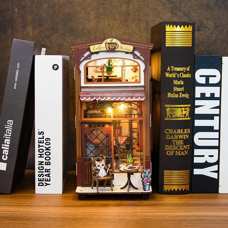 Cat Cafe DIY Book Nook Kit by HiNooki – Miniature Bookshelf Insert | Book Lovers Gift, Cozy Home Decor.
