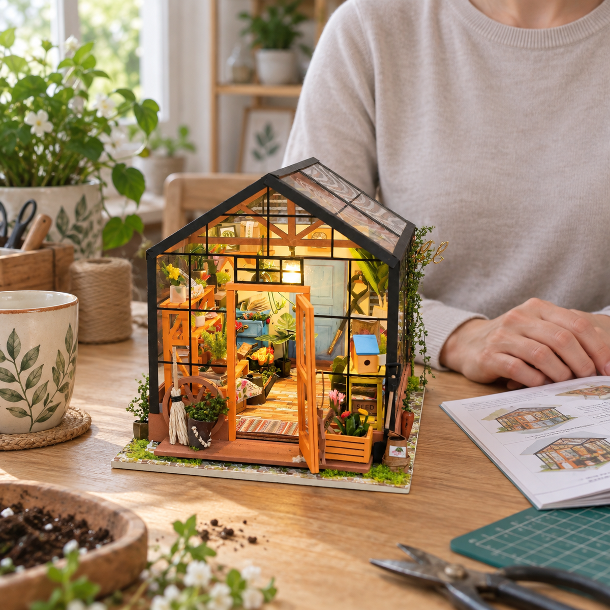 Cathy's Flower House — completed miniature in a sharing scene (AI-assisted visualization)
