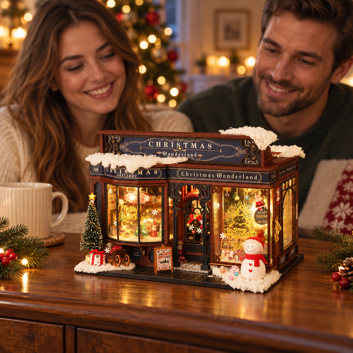 Christmas Wonderland — completed miniature in a sharing scene (AI-assisted visualization)