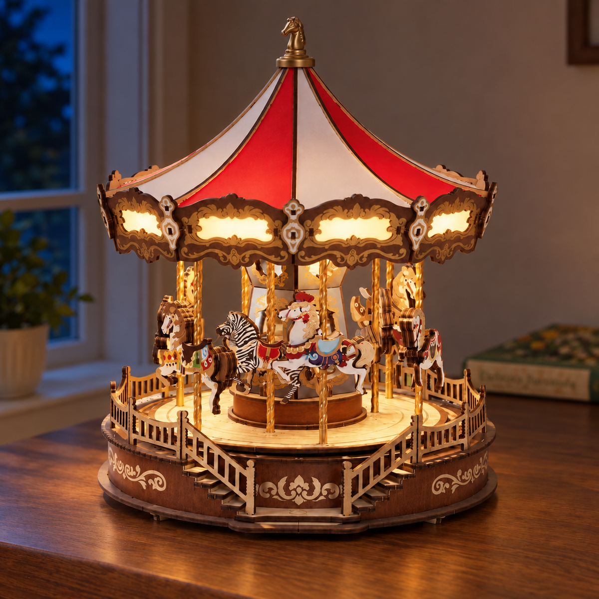 Classic Carousel 3D Wooden Puzzle Kit with LED, HiNooki DIY