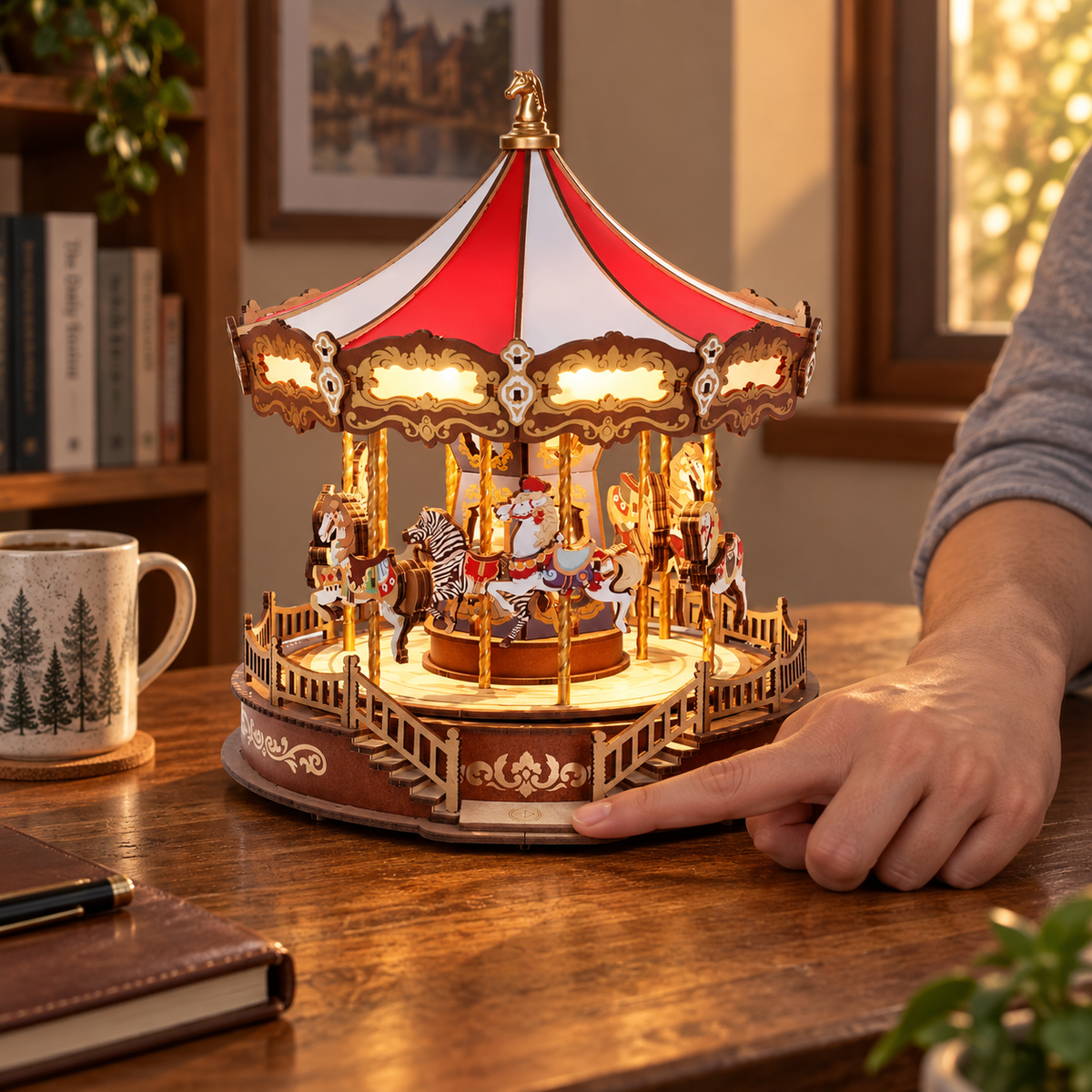 Classic Carousel — completed miniature in a sharing scene (AI-assisted visualization)