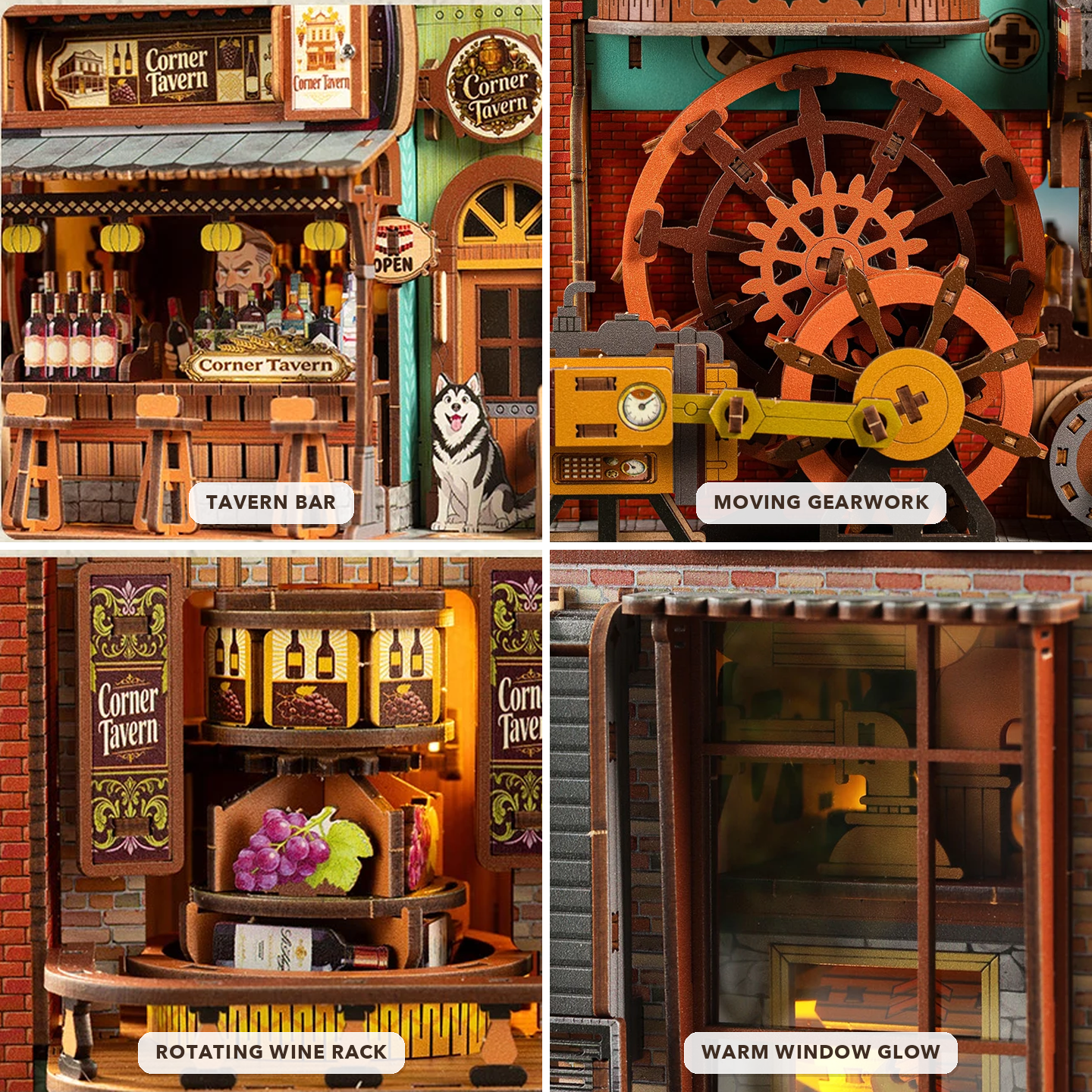 Corner Tavern close-up details featuring the tavern bar, moving gearwork, rotating wine rack, and warm window glow