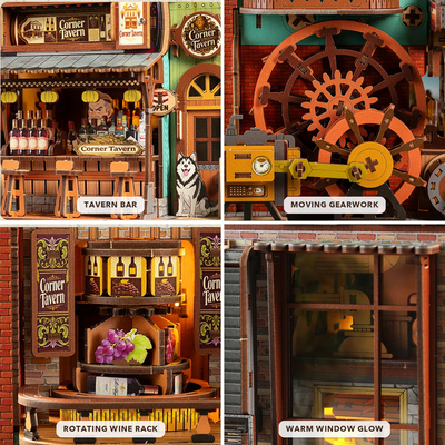 Corner Tavern close-up details featuring the tavern bar, moving gearwork, rotating wine rack, and warm window glow