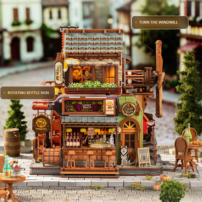 Corner Tavern rotating bottle sign and turnable windmill interactive features