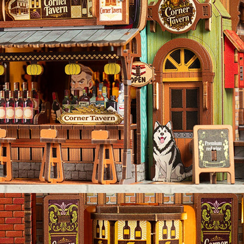 Little bottles and bar stools set the neighborhood scene.