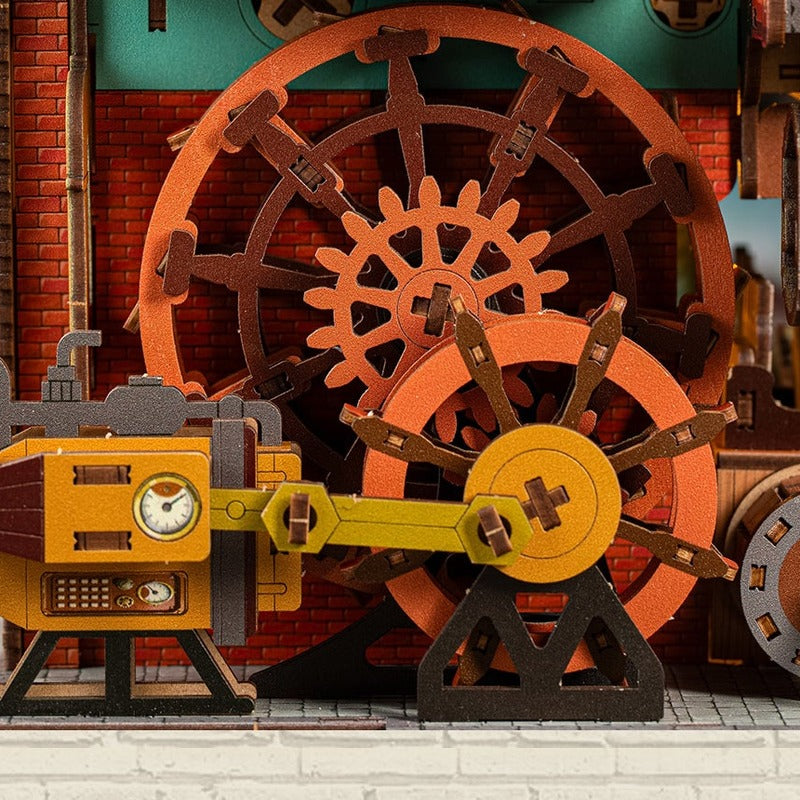 Linked wooden gears drive the tavern's moving details.