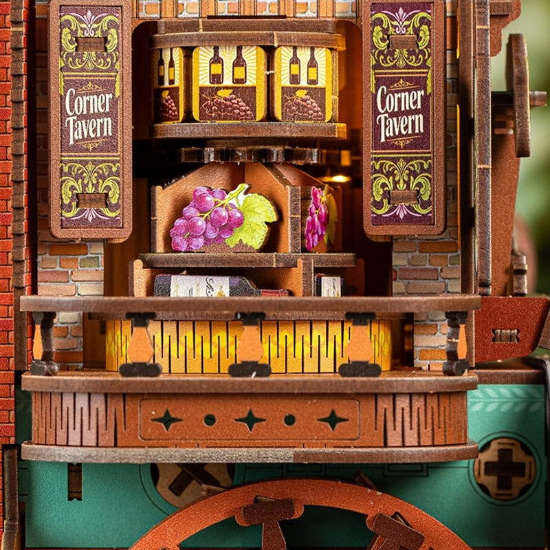 A rotating wine rack above the street-level bar.