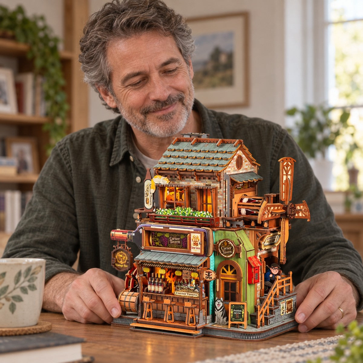 Corner Tavern — enjoying the finished miniature (AI-assisted visualization)