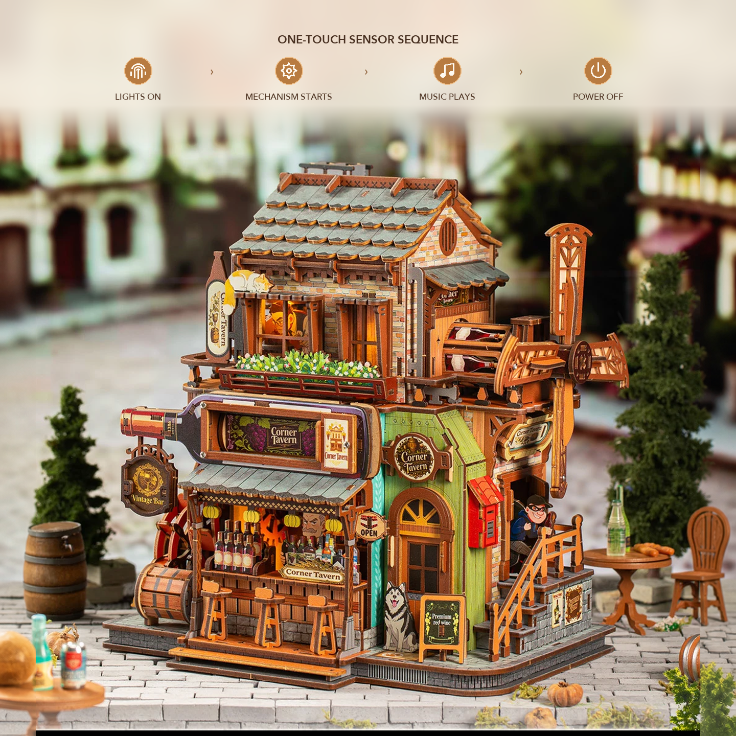Corner Tavern one-touch sensor sequence with lights, mechanism, music, and power-off stages