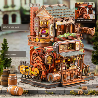 Corner Tavern rotating wine rack and gear linkage mechanisms