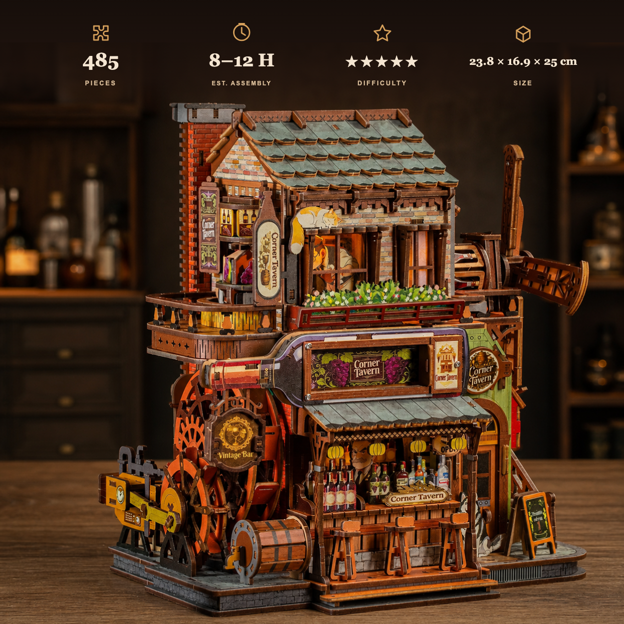 Corner Tavern DIY miniature house specifications: 485 pieces, estimated 8–12 hour assembly, five-star difficulty, and 23.8 × 16.9 × 25 cm size