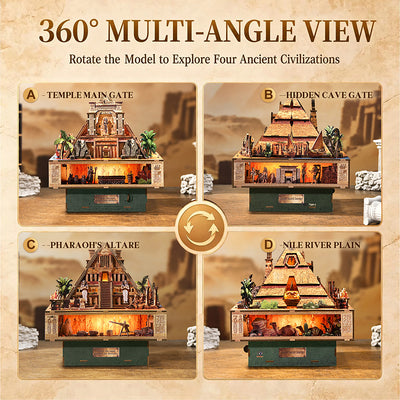Four sides of the finished Egyptian pyramid miniature with temples and riverbank scenes