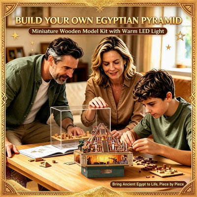 Supplier lifestyle scene of a family assembling the Egyptian pyramid miniature