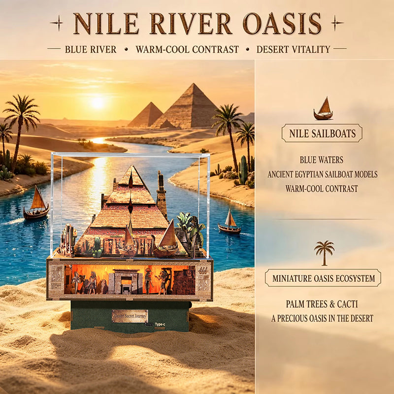 Miniature sailboats and palm trees along the Nile-inspired riverbank