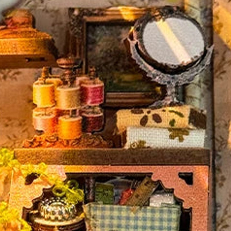 Thread spools beside the mirror