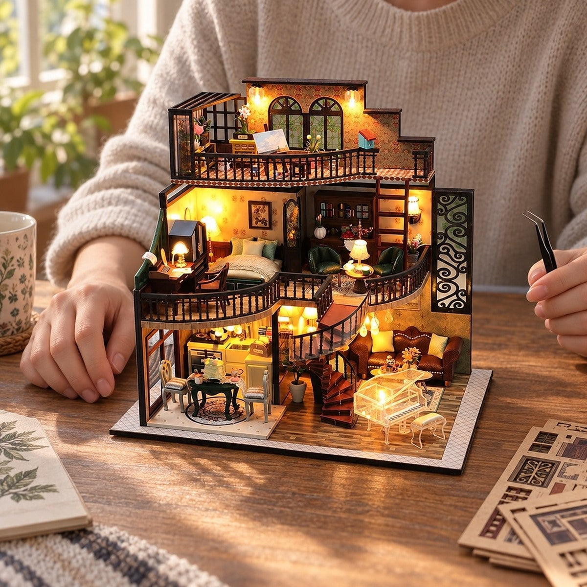 Dreamweaver Loft — finished miniature in an everyday setting (AI-assisted visualization)
