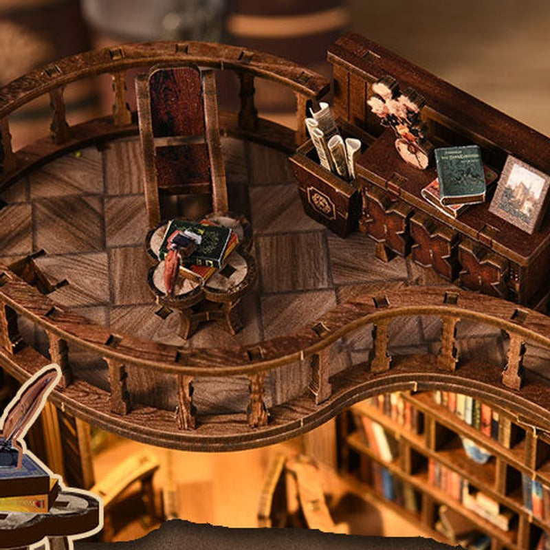 A reading terrace above the bookshelves.