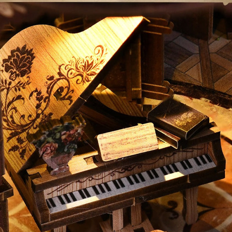 A miniature grand piano tucked beneath the arches.