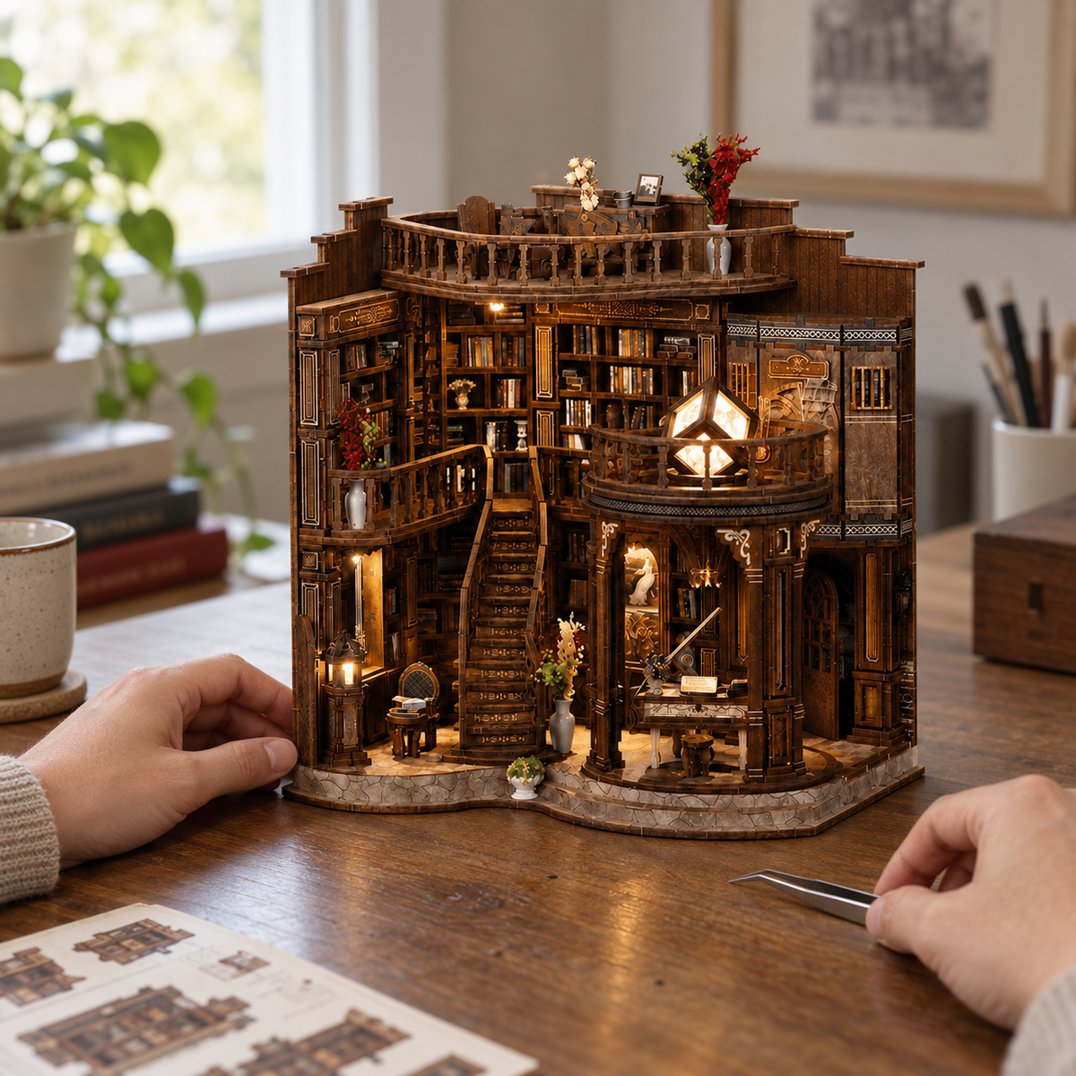Dreamy Book Hall on a tabletop beside a maker’s hands — illustrated lifestyle scene