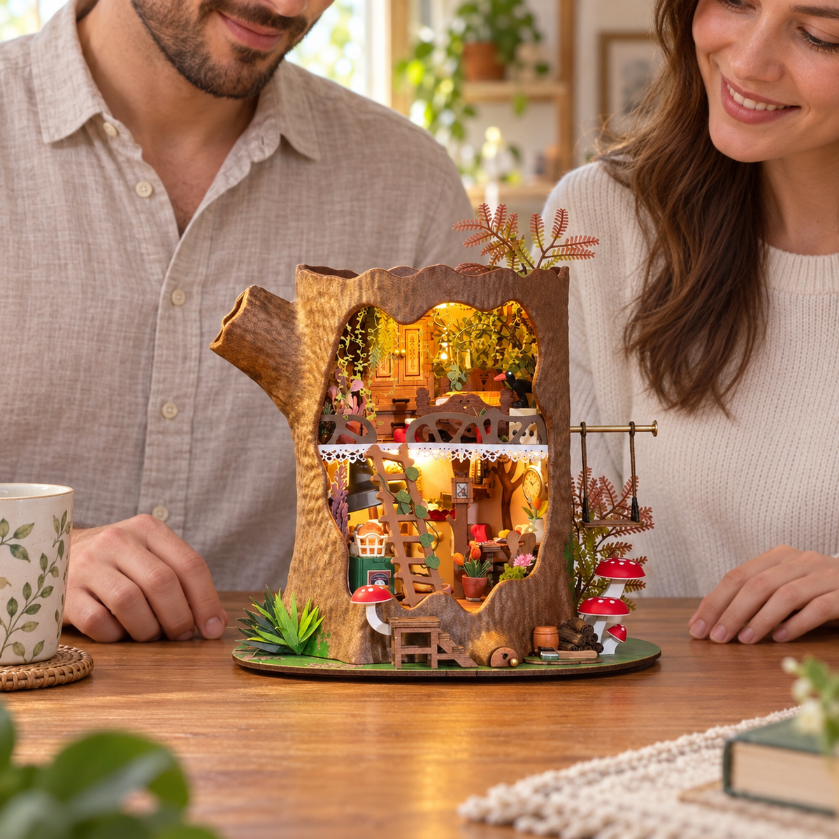 Fairytale Tree House — completed miniature in a sharing scene (AI-assisted visualization)
