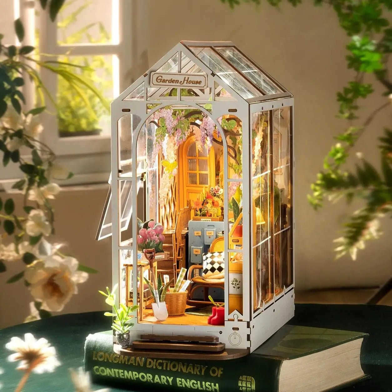 Garden House DIY Book Nook Kit by HiNooki – Miniature Bookshelf Insert | Book Lovers Gift, Cozy Home Decor.