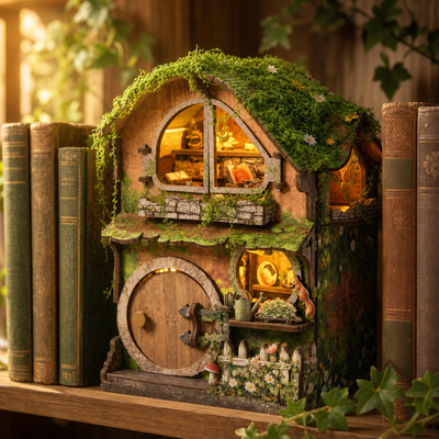 Green Vine Cottage DIY book nook featured image on a warm bookshelf