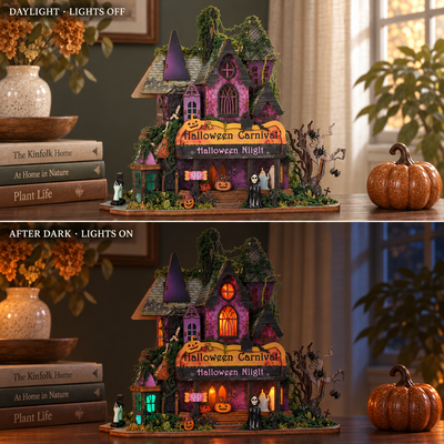 Halloween Night miniature in the same autumn home scene by day with lights off and after dark with lights on