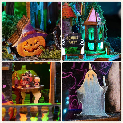 Four close-up details of the Halloween Night DIY miniature house: witch-hat pumpkin, green turret, party table and ghost