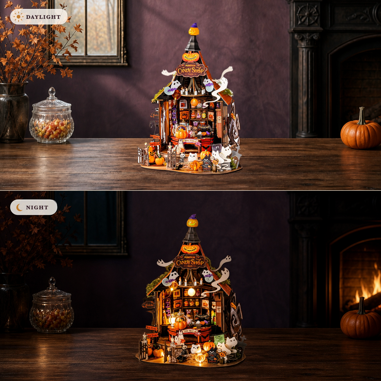 Haunted Candy House DG186 shown in daylight and illuminated at night