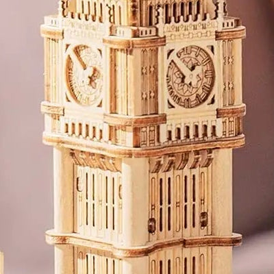 Roman numerals around a wooden dial framed by slender columns.