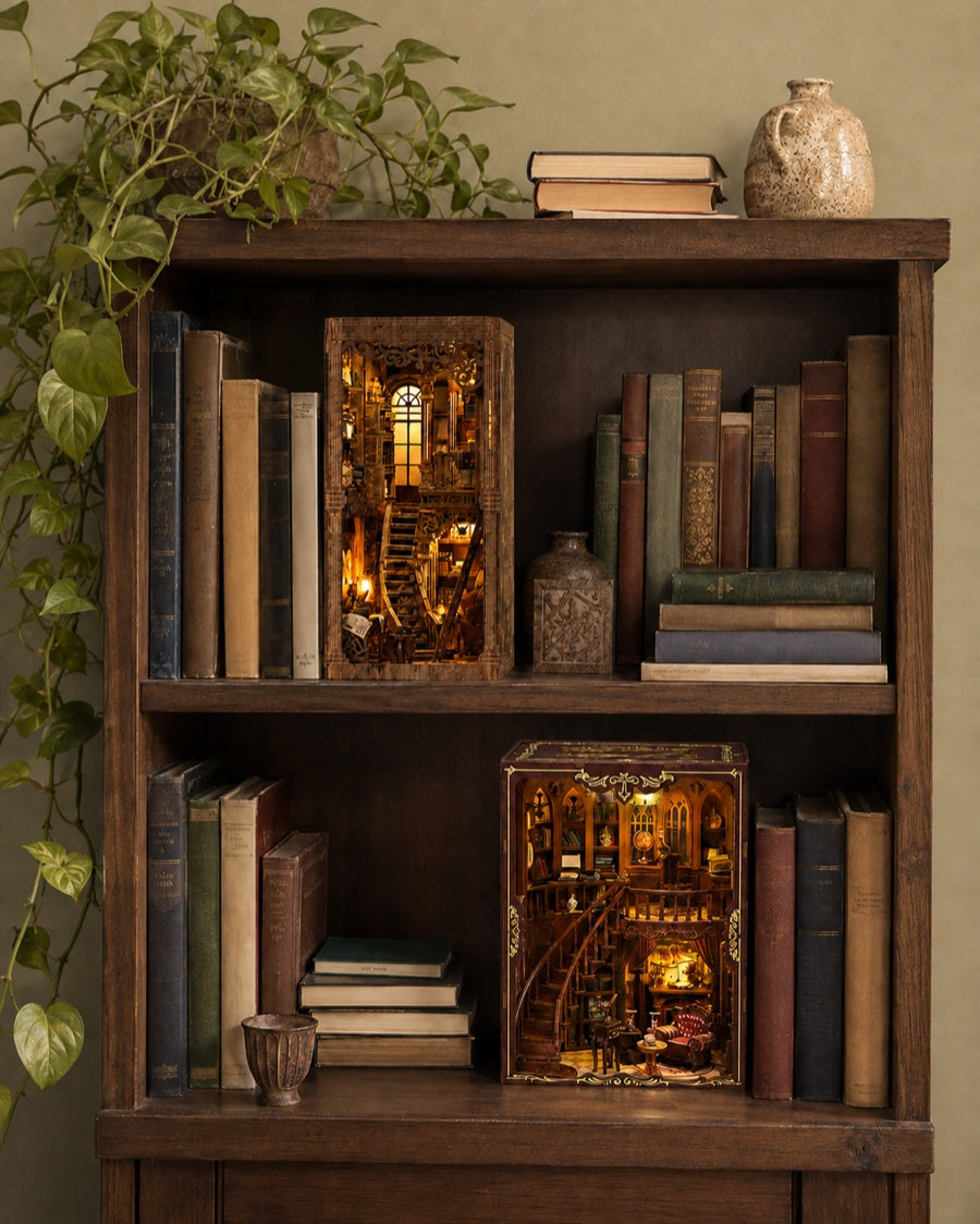 Two illuminated book nook kits displayed among books on a bookshelf