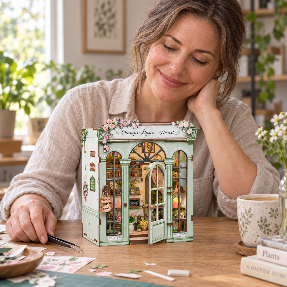 A maker beside the completed Champs Elysees Florist miniature