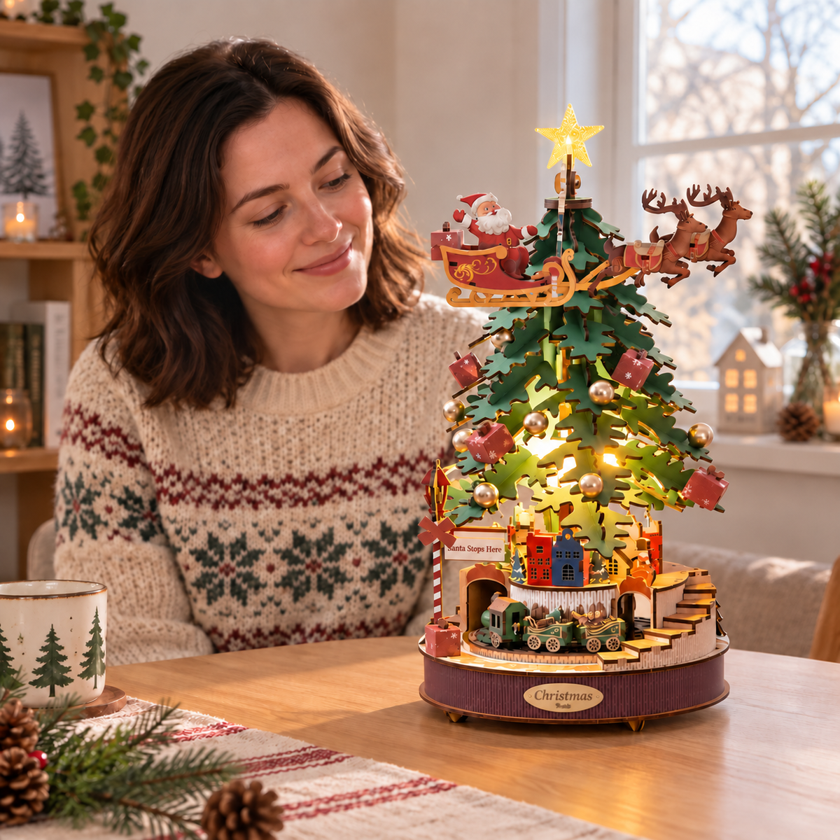 The completed Christmas Melody Tree displayed in a home setting at its full tabletop scale