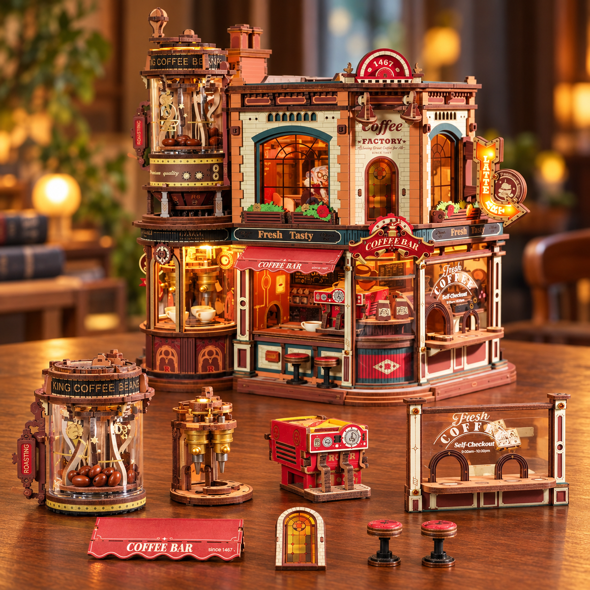 Coffee Factory with its assembled model components arranged on a table. AI-assisted illustration, not a packing diagram.