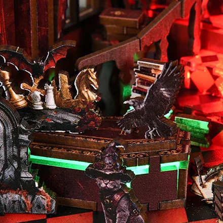 A green-lit chest beneath a watchful raven