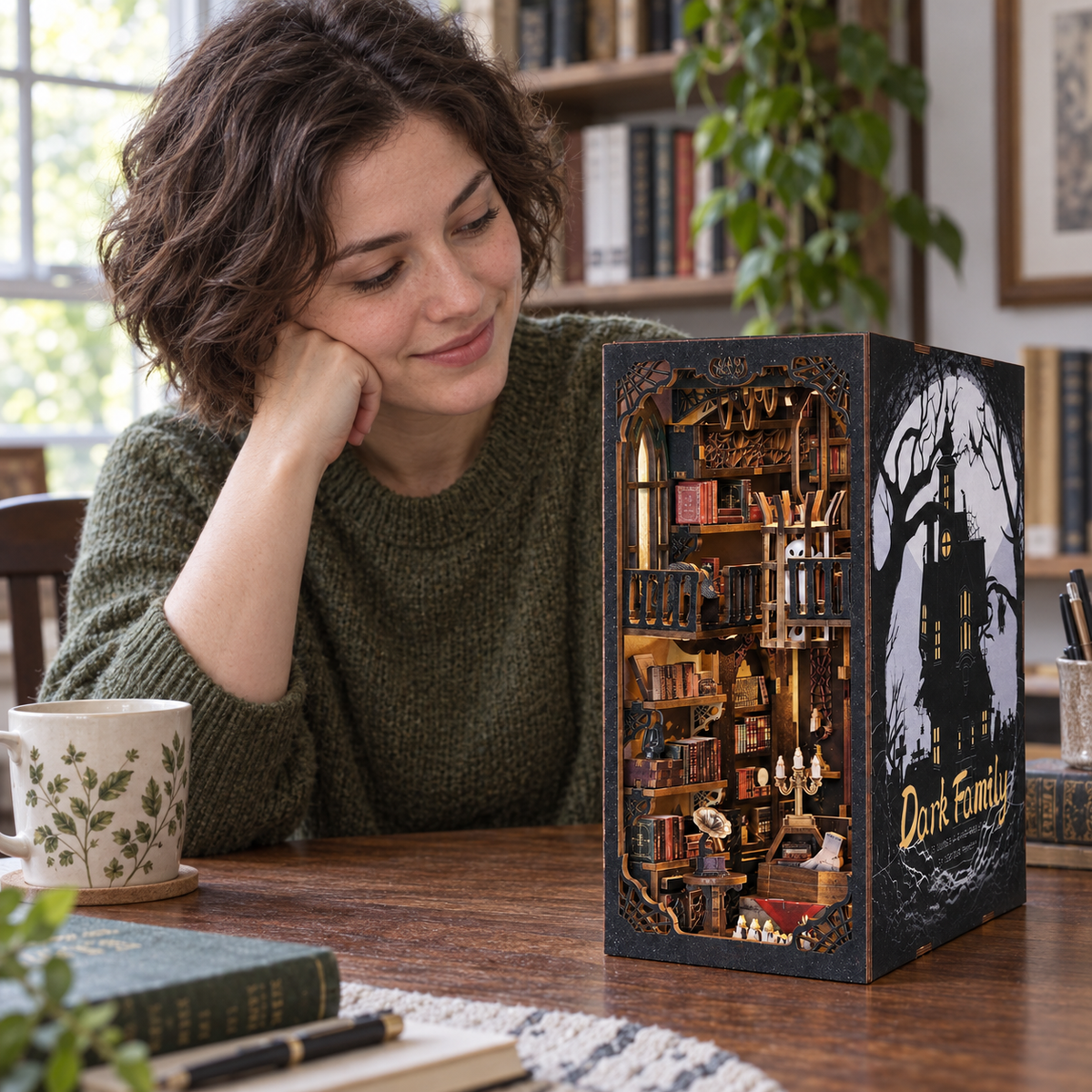 The completed Dark Family book nook displayed beside a person in a home setting