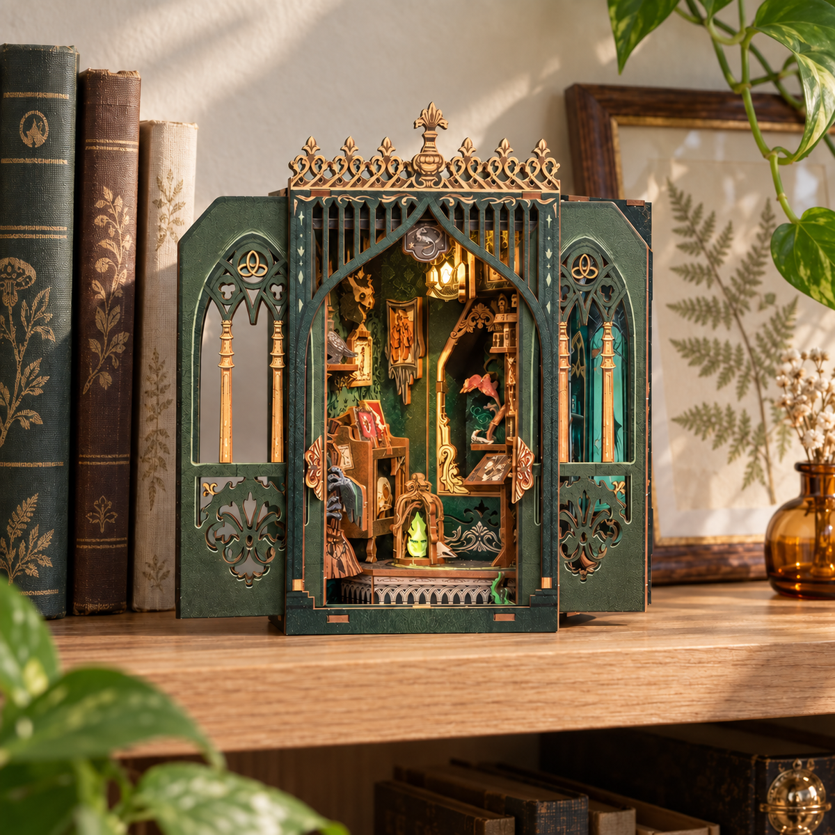 The Darkness Herbarium miniature on a bookshelf with its two sliding panels open, beside books and a framed fern print.
