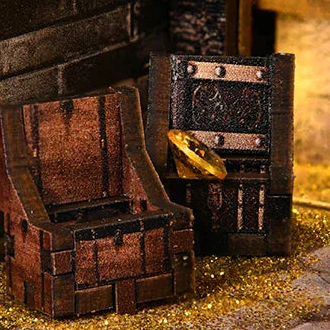 Tiny treasure chests beside the stone-effect wall