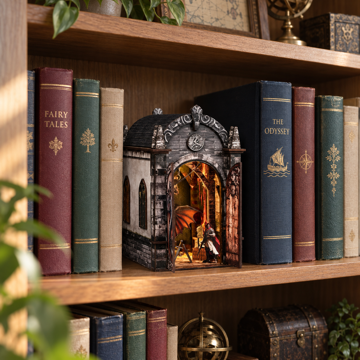 Completed Dragon’s Treasure Labyrinth displayed between books in a home bookshelf; surrounding books and decor are not included
