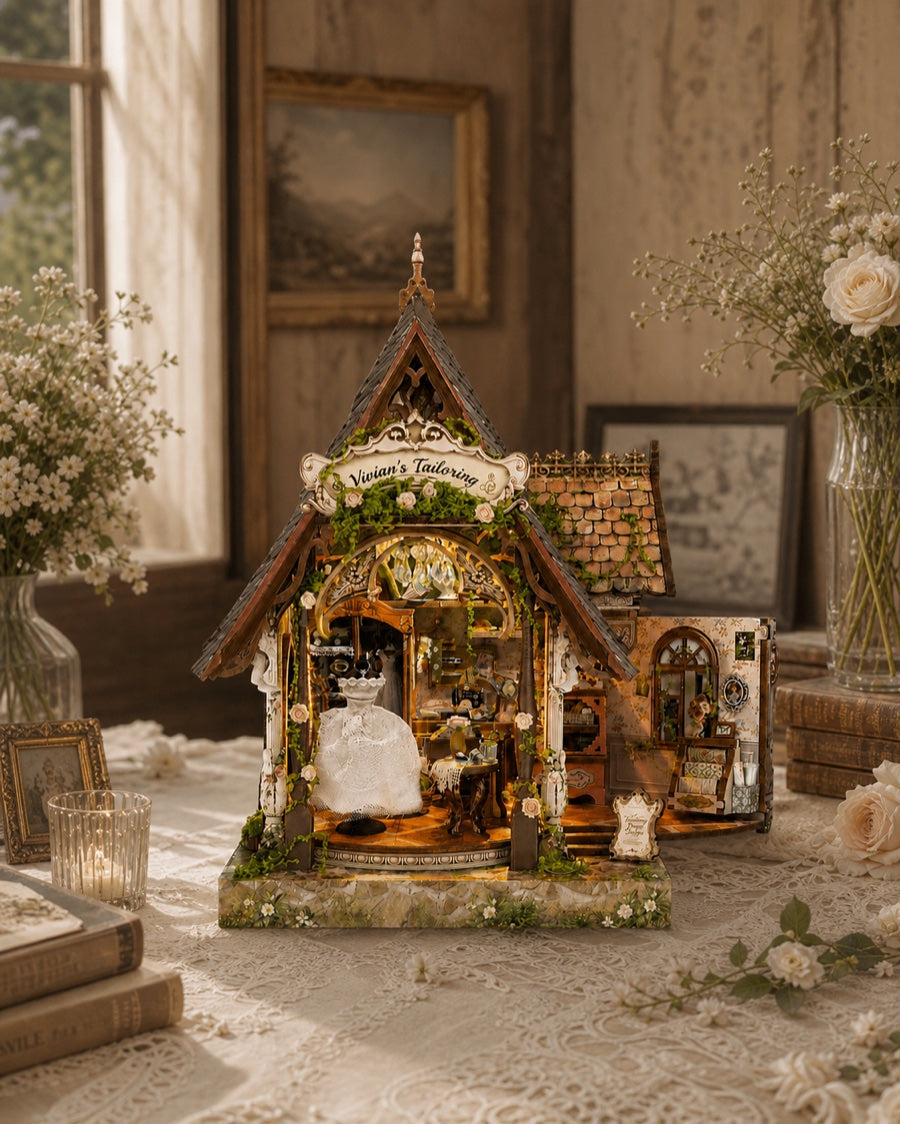 Dream Dress Studio miniature house in a softly lit dressmaking studio