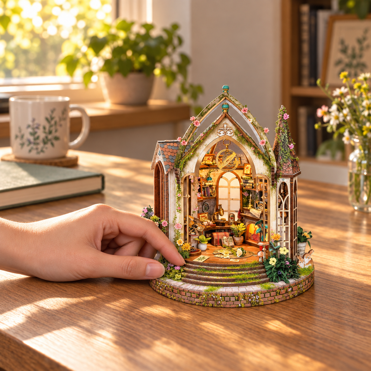Generated display illustration of the completed Dreamland Floral Studio miniature beside an adult hand