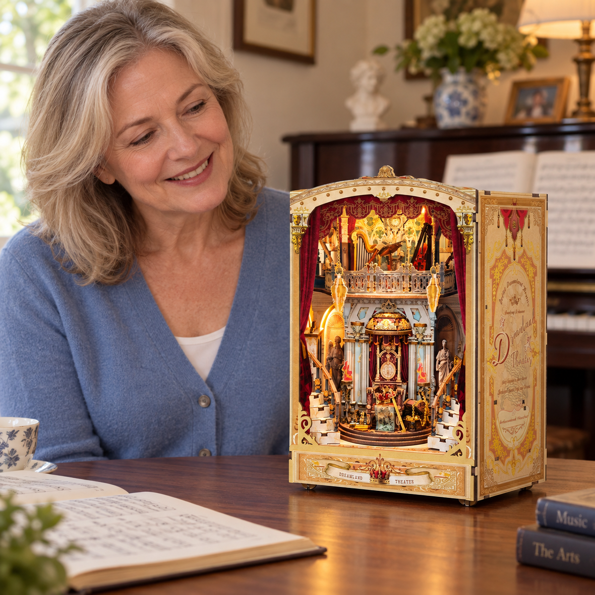 The completed Dreamland Theater book nook in a home setting with a person