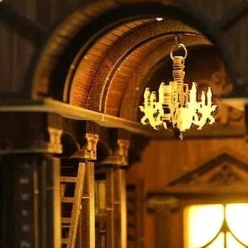 A chandelier above the shelves