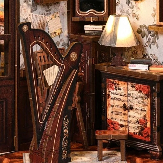 A harp beside the lamplight
