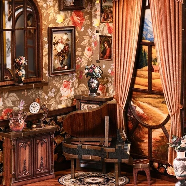 A piano by the curtained window