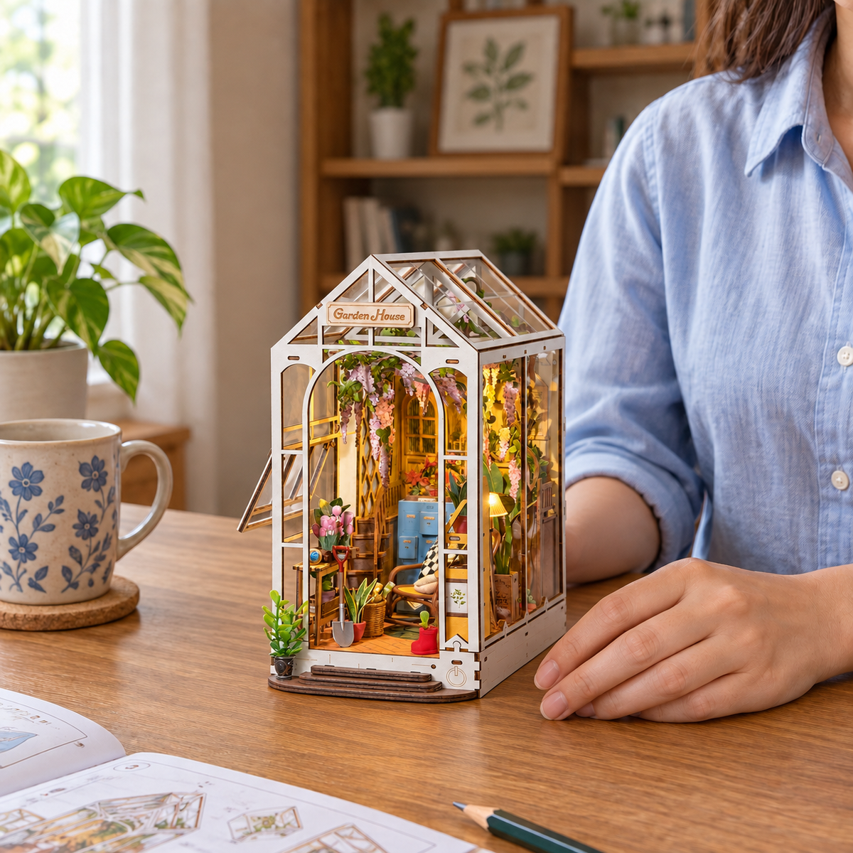 Generated display illustration of the completed Garden House miniature greenhouse beside an adult hand