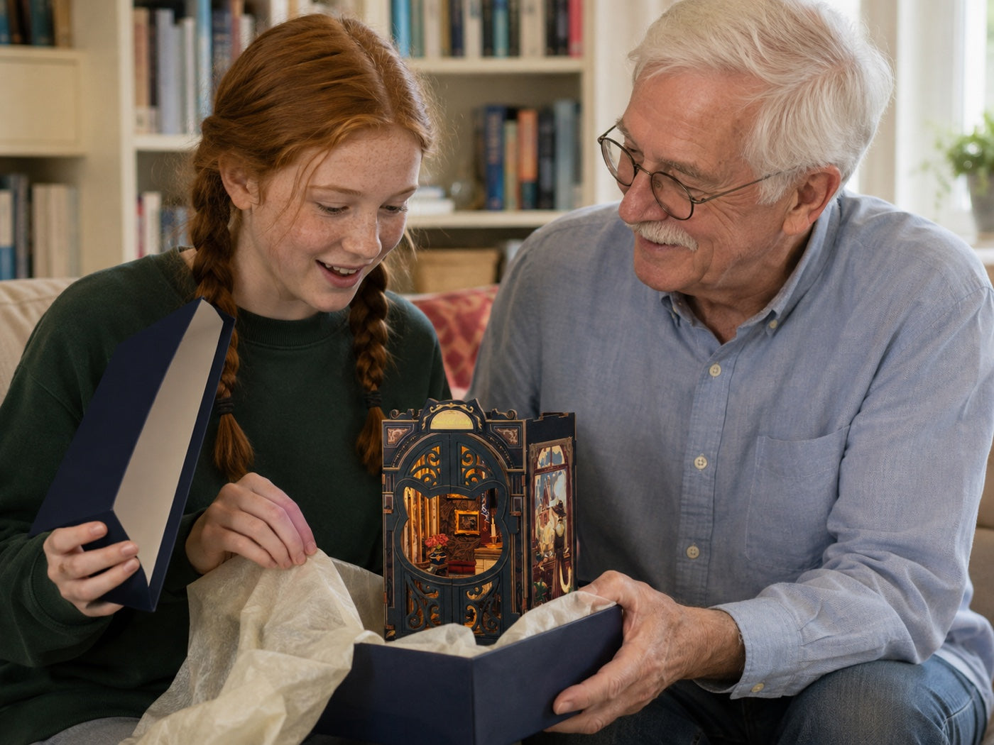 A teenager opening Count Cat's Study as a gift from her grandfather