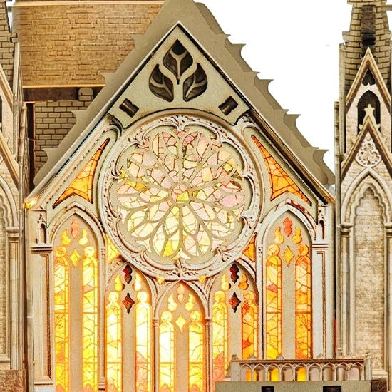 A rose window, lit from within