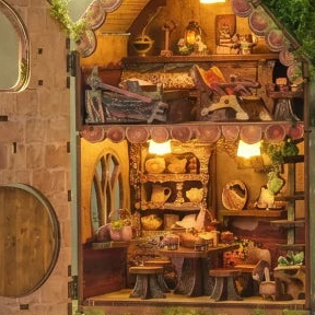 Kitchen shelves below a tiny reading room.